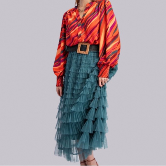New in Fabulous Mesh Ruffle Faded Teal Maxi Skirt - Picture 2 of 7